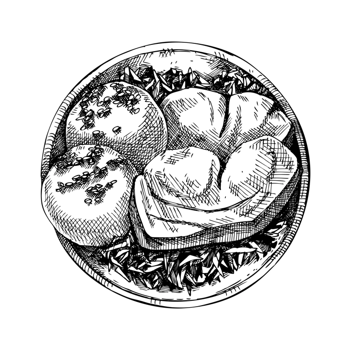 Roast pork with dumplings vintage drawing. German food sketch. Oktoberfest menu design element. Hand-drawn food illustration for Octoberfest. Traditional German festival cuisine meal. 
